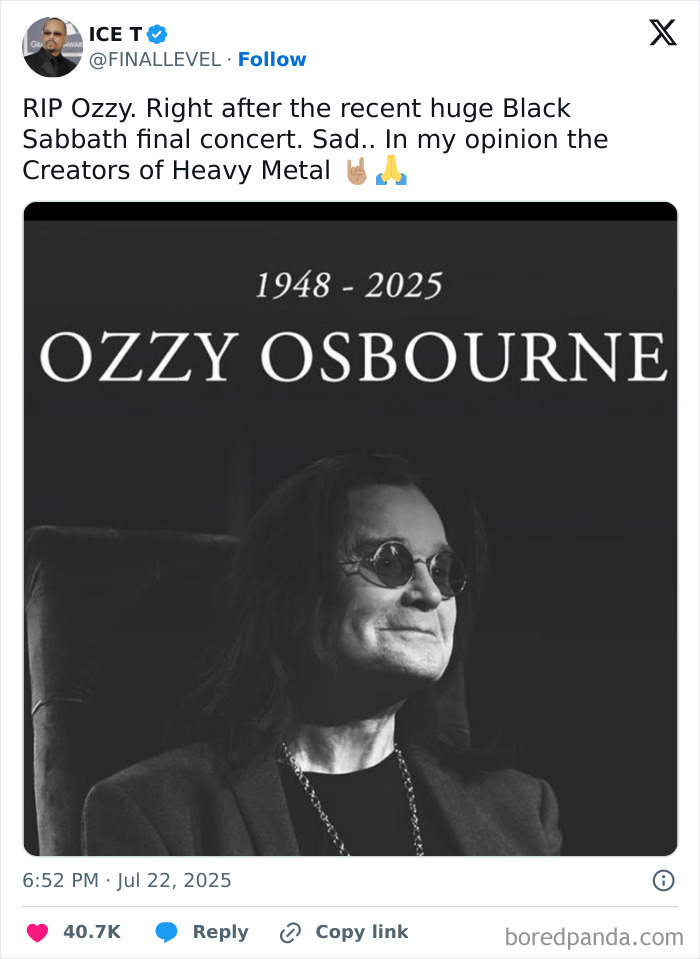 Black and white tribute image of Ozzy Osbourne with years 1948 to 2025, honoring the rock legend and heavy metal creator.