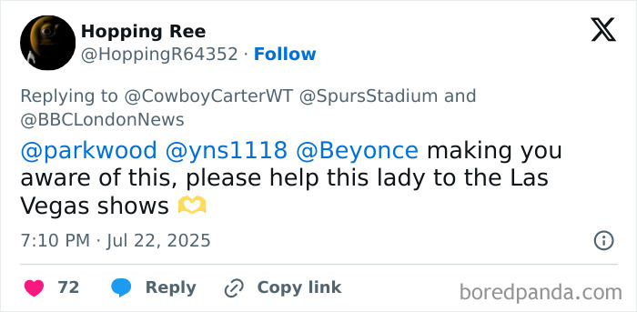 Tweet from user requesting help for Beyonc&eacute; fan after a dehumanizing experience at Cowboy Carter concert in Las Vegas.