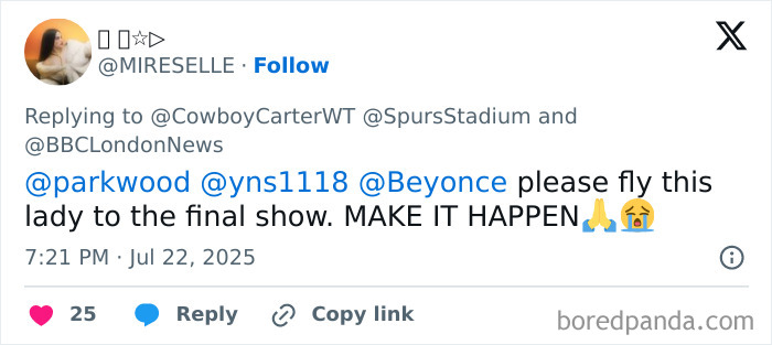 Tweet from Beyonc&eacute; fan pleading to be flown to Cowboy Carter final show, highlighting a dehumanizing concert experience.