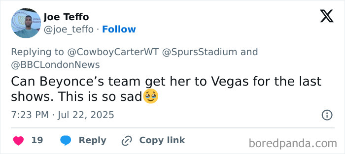 Twitter post expressing sadness over Beyonc&eacute; fan&rsquo;s dehumanizing experience at Cowboy Carter concert.
