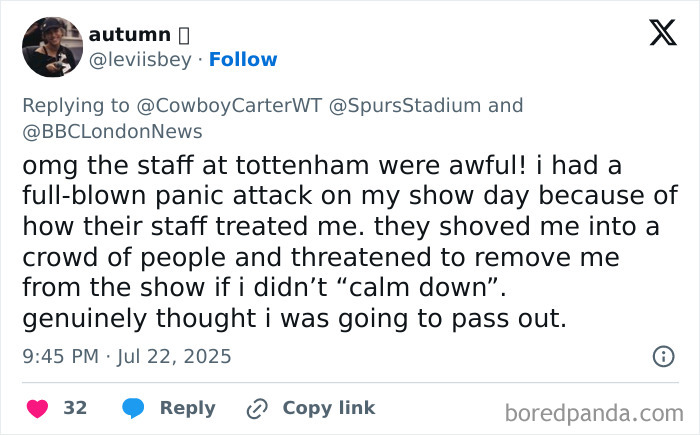 Screenshot of a social media post describing a Beyonc&eacute; fan&rsquo;s dehumanizing experience and panic attack at Cowboy Carter concert.