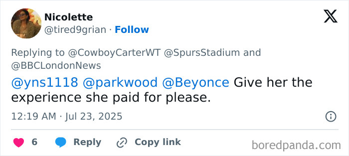 Tweet from Beyonc&eacute; fan expressing distress over dehumanizing experience at Cowboy Carter concert.