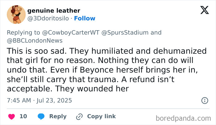 Tweet showing a fan reacting to a dehumanizing experience at Cowboy Carter concert, expressing sadness and trauma.