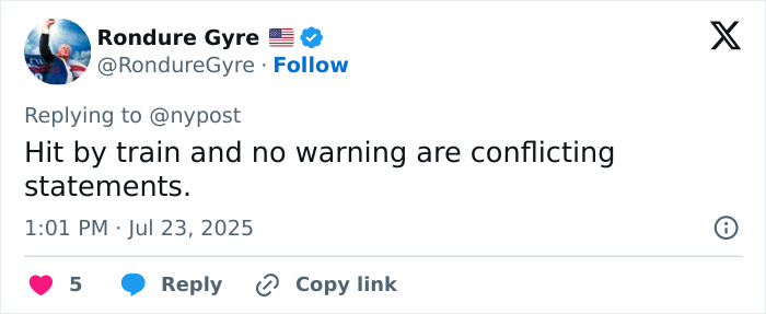 Tweet discussing a surfer instructor, 24, seriously injured after being struck by train unexpectedly.