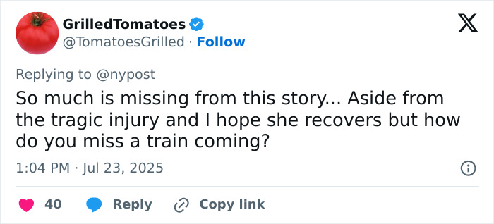 Tweet discussing the surf instructor, 24, who lost an arm after being struck by a train with no warning.