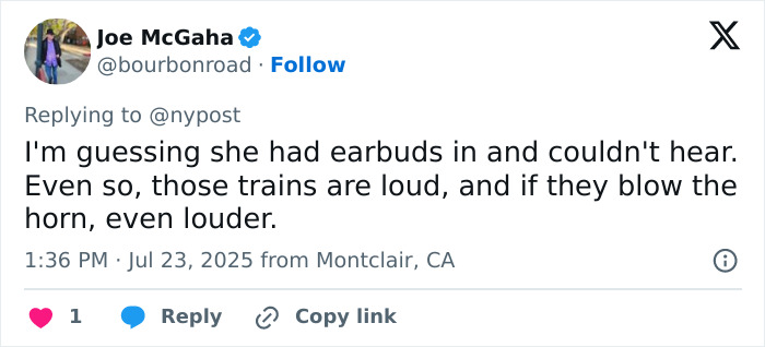 Tweet from Joe McGaha discussing the loudness of trains and warning horns before a surf instructor was struck by a train.