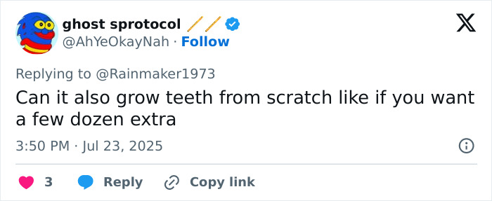 Tweet discussing the possibility of tooth regrowth in a breakthrough that may replace dentures and implants. Tweet discussing the possibility of tooth regrowth in a breakthrough that may replace dentures and implants.