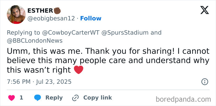 Screenshot of a Twitter reply from Beyonc&eacute; fan expressing distress over a dehumanizing experience at Cowboy Carter concert.