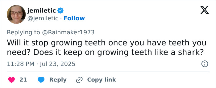 User tweet questioning if tooth regrowth continues indefinitely or stops after needed teeth grow, related to tooth regrowth breakthrough. User tweet questioning if tooth regrowth continues indefinitely or stops after needed teeth grow, related to tooth regrowth breakthrough.