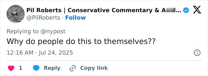 Screenshot of a tweet from Pil Roberts questioning why people travel far for butt surgery only for implants to fall out at the gym. - 18