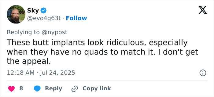 Tweet screenshot showing a user commenting on butt implants, discussing their appearance and lack of muscle support. - 9