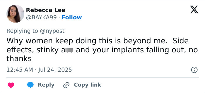 Tweet by user Rebecca Lee discussing side effects and implants falling out related to butt surgery concerns. - 16