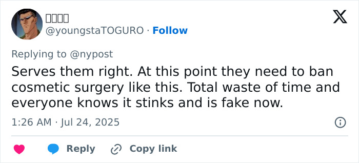 Tweet criticizing cosmetic surgery, calling it a waste of time and fake, with a call to ban it after implant issues. - 17