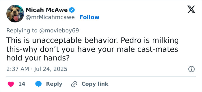 Tweet criticizing Pedro Pascal for behavior during interviews, sparking fury over touchy moments with Vanessa Kirby on press tour. Tweet criticizing Pedro Pascal for behavior during interviews, sparking fury over touchy moments with Vanessa Kirby on press tour.