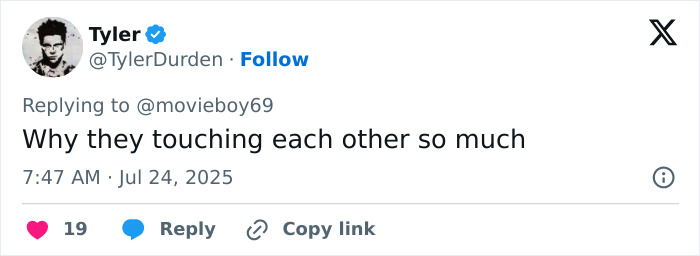 Tweet from user Tyler questioning why Pedro Pascal and Vanessa Kirby are touching each other so much during press tour interviews. Tweet from user Tyler questioning why Pedro Pascal and Vanessa Kirby are touching each other so much during press tour interviews.