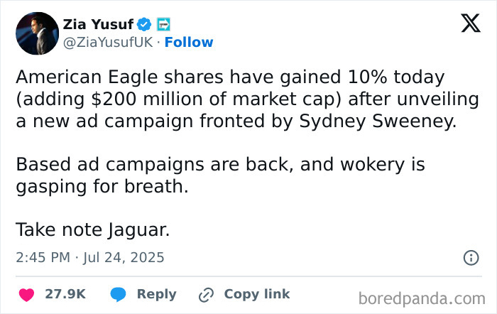 Tweet by Zia Yusuf about Sydney Sweeney's new ad sparking woke scandal and controversy over ethnic cleansing praise. Tweet by Zia Yusuf about Sydney Sweeney's new ad sparking woke scandal and controversy over ethnic cleansing praise.