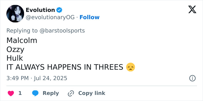 Tweet mentioning WWE legend Hulk Hogan in a discussion about his passing as part of a series of losses in 2025. - 19