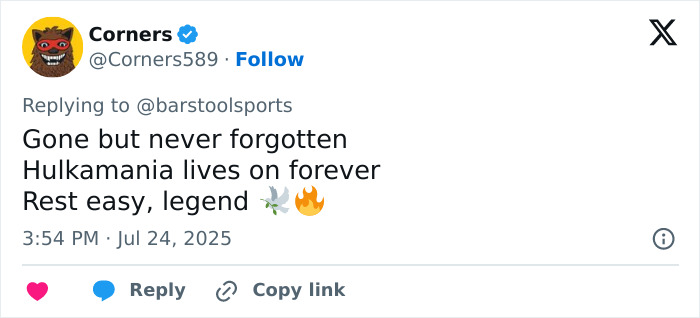 Tweet from Corners remembering WWE Legend Hulk Hogan, highlighting Hulkamania and his lasting legacy after his passing at 71. - 14