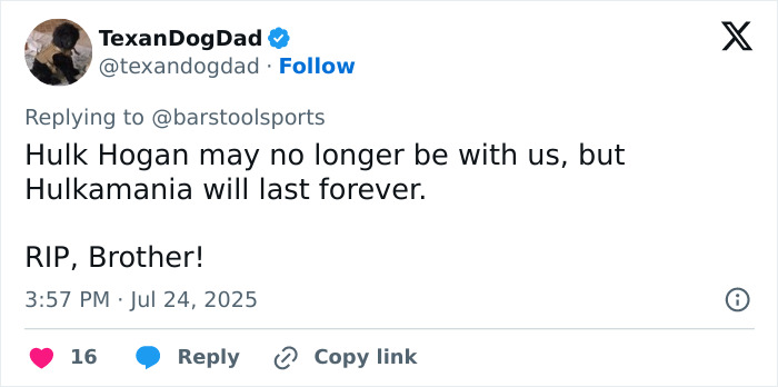 Tweet expressing tribute to WWE legend Hulk Hogan, highlighting his lasting impact and wrestling legacy. - 15