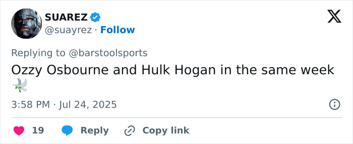 Twitter post mentioning WWE legend Hulk Hogan amid recent events, posted by user SUAREZ on July 24, 2025. - 13