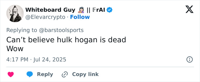 Tweet expressing disbelief about WWE legend Hulk Hogan passing away, with reaction and timestamp visible. - 11