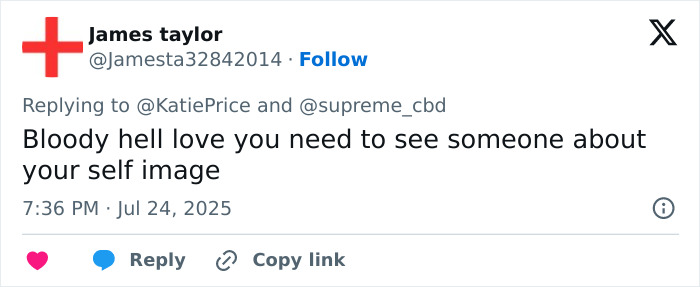 A Twitter reply criticizing Katie Price’s self image amid painful bum filler side effects after a cosmetic fix attempt. - 10