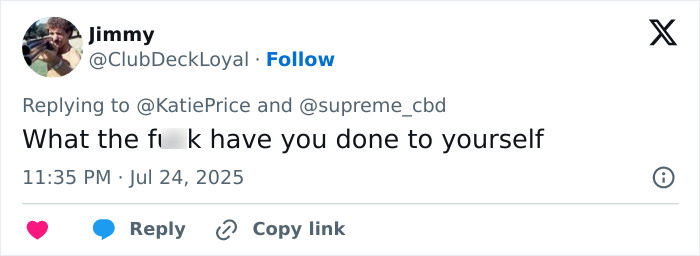 Tweet reaction expressing shock and concern about Katie Price’s painful bum filler side effect after treatment. - 9