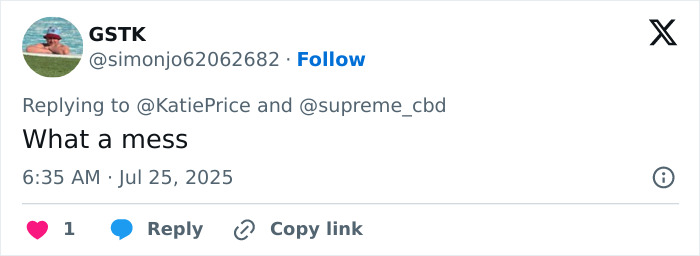 Tweet from user @simonjo62062682 reacting to Katie Price with comment on painful bum filler side effect. - 11