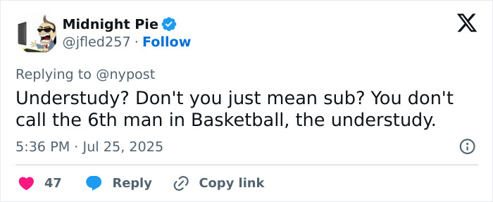 Screenshot of a tweet discussing the concept of an understudy in theater versus sports, mentioning Rachel Zegler Evita. Screenshot of a tweet discussing the concept of an understudy in theater versus sports, mentioning Rachel Zegler Evita.