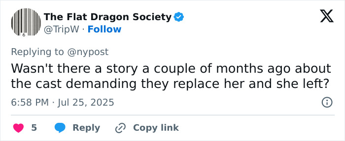 Twitter post discussing the sudden exit of Rachel Zegler from Evita and questions about cast demands. Twitter post discussing the sudden exit of Rachel Zegler from Evita and questions about cast demands.