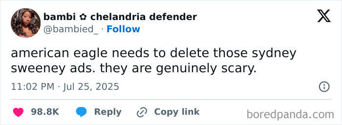Screenshot of a tweet criticizing Sydney Sweeney ads linked to a woke scandal over ethnic cleansing praise. - 5