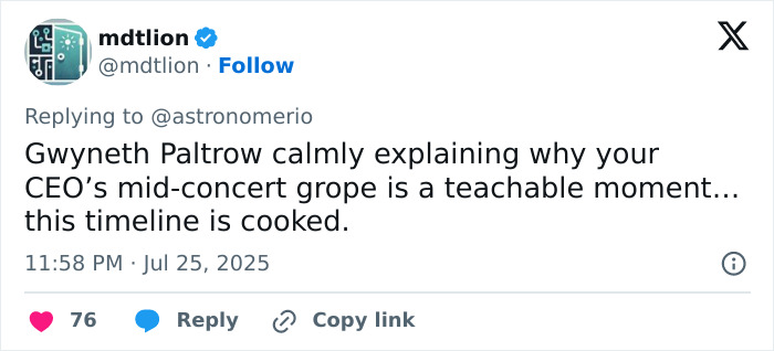 Screenshot of a tweet discussing Gwyneth Paltrow siding with an astronomer amid Coldplay frontman cheating controversy. Screenshot of a tweet discussing Gwyneth Paltrow siding with an astronomer amid Coldplay frontman cheating controversy.