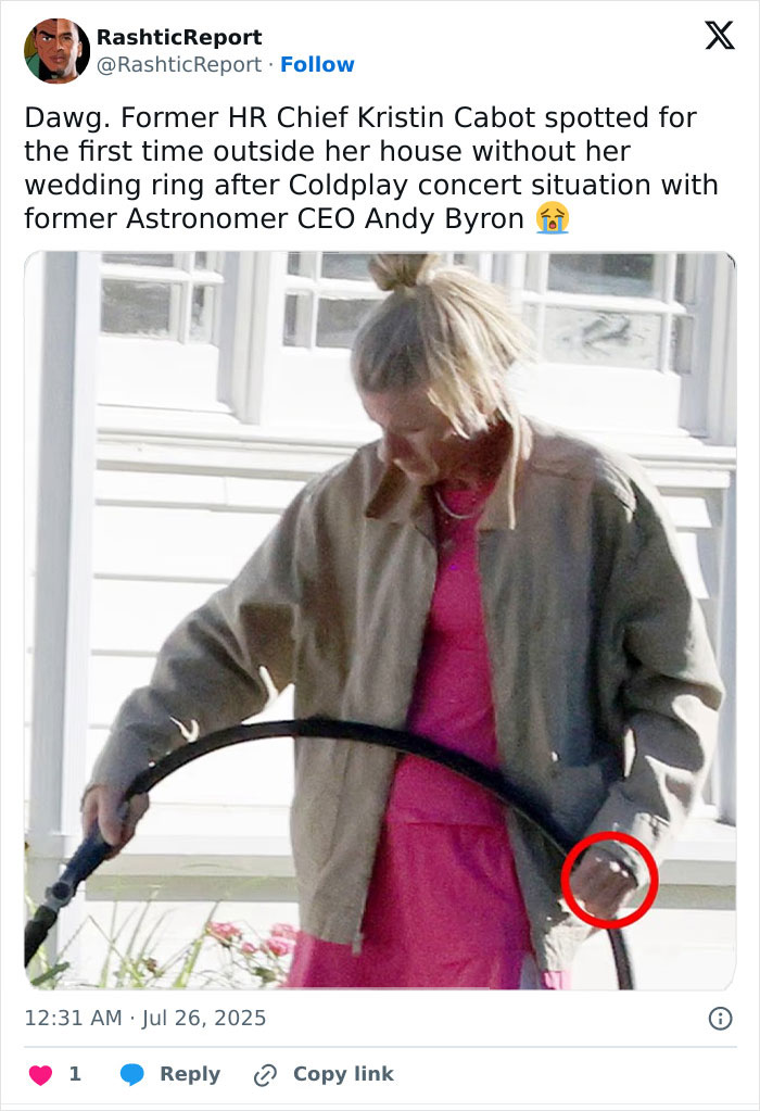 Former Coldplay HR executive seen outside her home without wedding ring, linked to concert and Astronome CEO Andy Byron incident.
