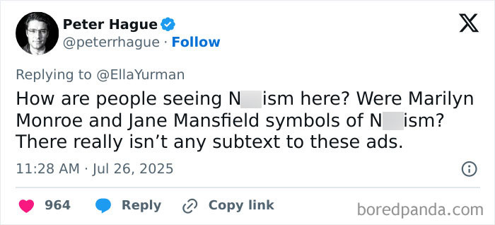 Screenshot of a tweet discussing Sydney Sweeney woke scandal and controversy over accusations of praising ethnic cleansing in a new ad.