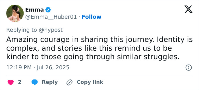 Tweet by user Emma expressing support for a model pushed to transition at 15 who now detransitions, discussing identity struggles. - 10