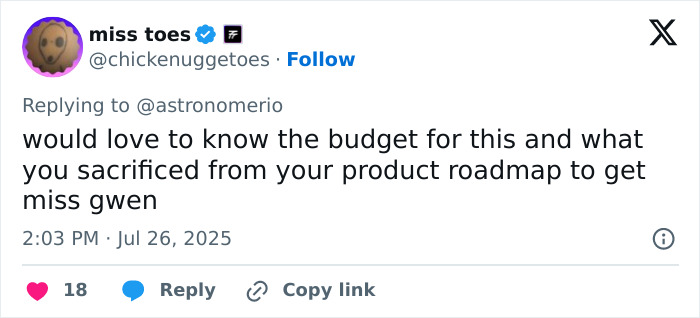 Tweet by miss toes questioning the budget and sacrifices in product roadmap related to Gwyneth Paltrow and Coldplay frontman drama. Tweet by miss toes questioning the budget and sacrifices in product roadmap related to Gwyneth Paltrow and Coldplay frontman drama.