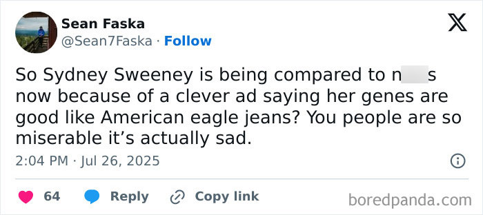 Screenshot of a tweet discussing Sydney Sweeney facing backlash over an ad linked to woke and ethnic cleansing controversy. - 9