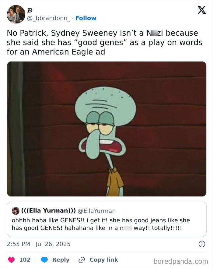 Screenshot of Twitter posts discussing Sydney Sweeney ad controversy involving woke backlash and ethnic cleansing accusations. - 6