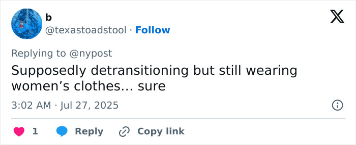 Tweet screenshot criticizing a model detransitioning after being pushed to transition at age 15, discussing clothing choices. - 14