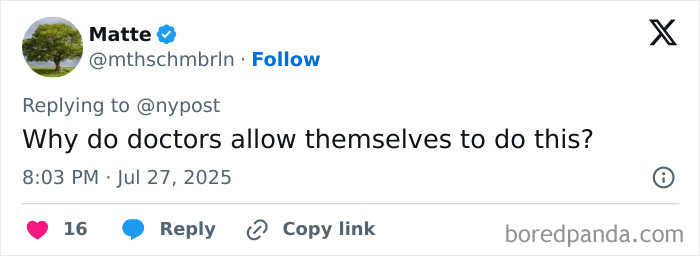 Tweet from user Matte expressing concern about doctors performing extreme lip surgeries.