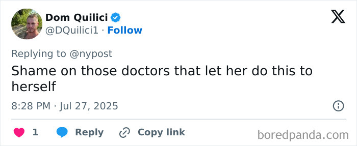 Tweet by a user commenting on doctors allowing a woman with the world&rsquo;s biggest lips to undergo extreme lip surgeries.