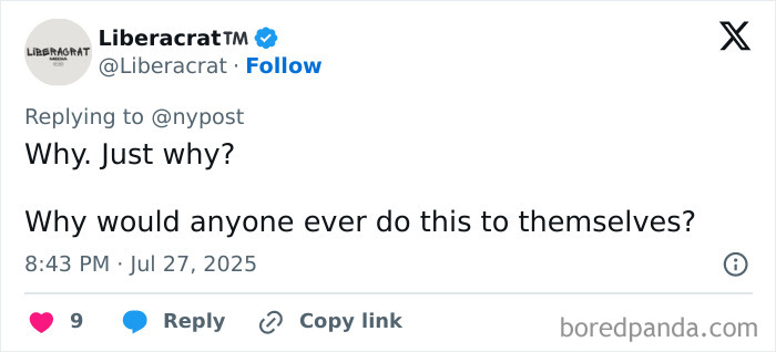 Screenshot of a social media post questioning why a woman with the world&rsquo;s biggest lips would undergo extreme lip surgeries.