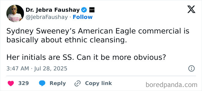 Tweet accusing Sydney Sweeney's American Eagle ad of praising ethnic cleansing, sparking woke scandal discussion. Tweet accusing Sydney Sweeney's American Eagle ad of praising ethnic cleansing, sparking woke scandal discussion.