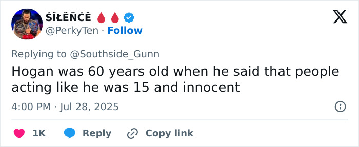 Screenshot of a tweet discussing Hulk Hogan&rsquo;s age and behavior amid Joey Swoll groveling apology controversy.