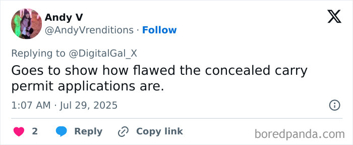 Screenshot of a tweet criticizing the flaws in concealed carry permit applications related to the Manhattan massacre motive. - 8