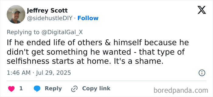 Tweet by Jeffrey Scott discussing the chilling note linked to Manhattan massacre motive and its connection to selfishness at home. - 9