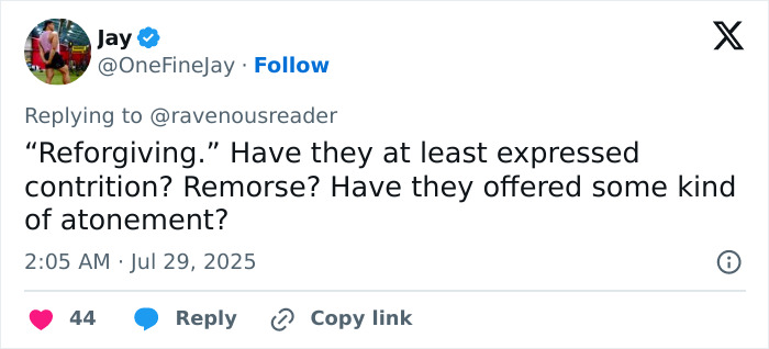 Tweet by user Jay questioning if atonement or remorse has been expressed, related to athlete and Ivy League scholarships issue. - 19