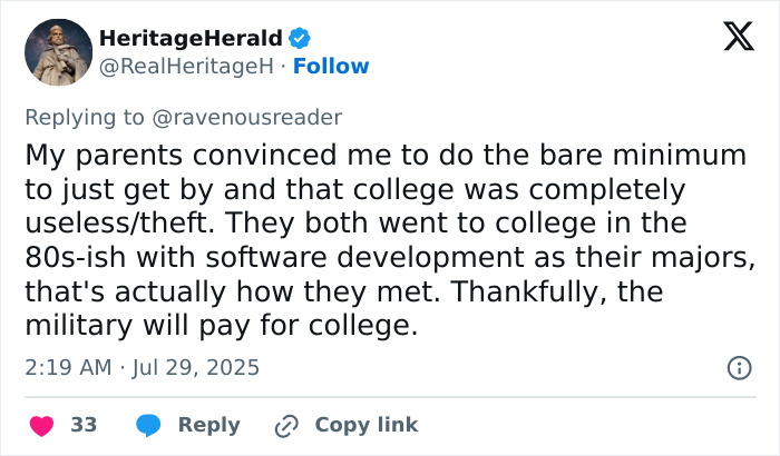 Tweet about parents discouraging college and mentioning military paying for education, related to Ivy League scholarships. - 24