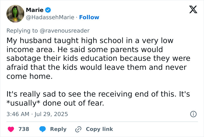 Tweet by Marie about parents sabotaging education in low income areas and fear related to Ivy League scholarships. - 14