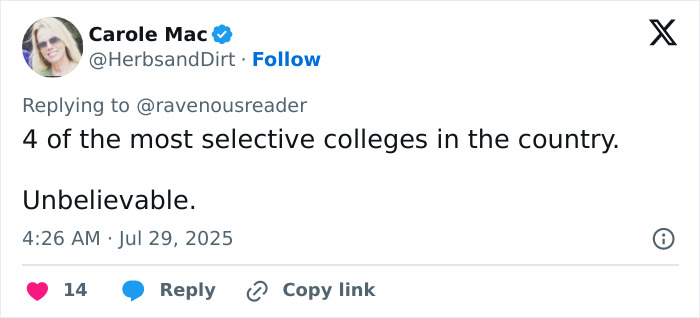 Tweet from Carole Mac sharing disbelief about four of the most selective Ivy League colleges in the country. - 30